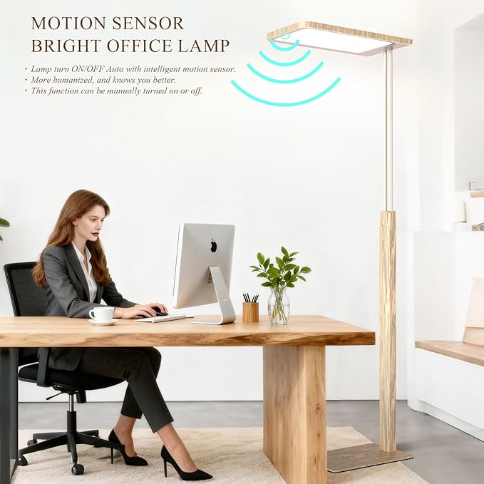 STERREN Full Spectrum Floor Lamp, 9800LM Modern Vintage Industrial Free-Standing Lamp, Eye-Care Remote Control Reading Lamps for Study Room, Office, Living Room, 2700-5000K,Oak Brown