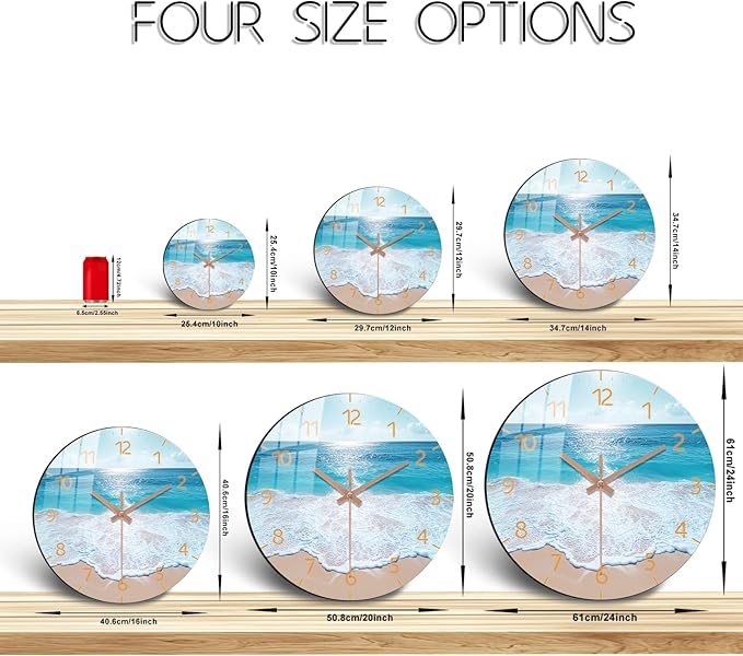 Oversized Coast Wall-Clock 24 inch Blue Beach Silent Clocks Battery Operated Wooden Round Wall Clock for Kitchen, Office, Living Room Wall Decor