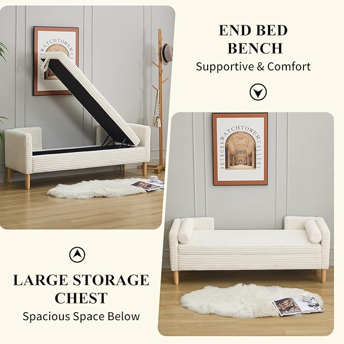 NIOIIKIT 65" Large Storage Ottoman Bench with 2 Pillows, Corduroy Upholstered Entryway Bench with Wood Leg, End of Bed Bench with Straight Armrest, Window Bench for Bedroom, Entryway (White)