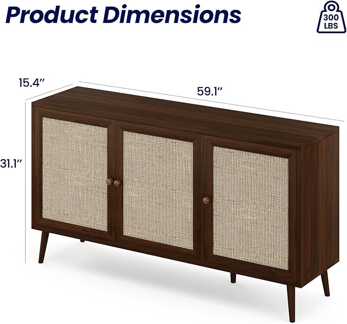 59" Rattan-Door Sideboard Cabinet with Shelf, 3-Door TV Stand Credenza Buffet with Generous Storage, Modern Accent Cabinet for Living Room & Kitchen, Walnut