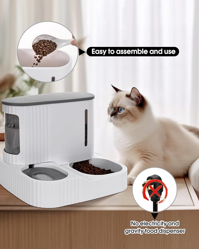 Automatic Cat Feeder,Gravity Auto Timed Pet Dry Food Self Feeding Container Dishes Bowl and Water Dispenser Fountain for Dog Puppy Kitten Kit Set Integrated 2 in 1 Continuous Tray(Grey)