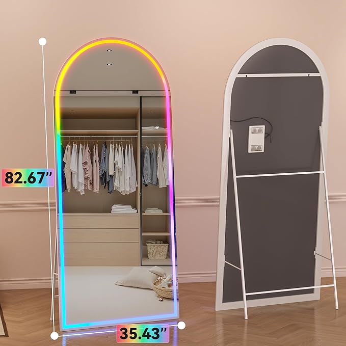 Hasipu 82.7" x 35.4" Arch LED RGB Bluetooth Full Length Mirror with Stand ＆ 7 Color Lighting Modes, Full Body Mirror with White Frame for Bedroom, Living Room, Dressing Room