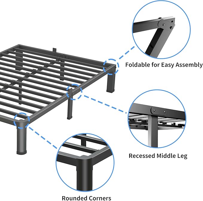 4 Inch Queen Bed Frame, 3500Lbs Heavy Duty Metal Platform with Round Corner Legs Mattress Slide Stopper, Steel Slat Support No Box Spring Needed, Noise Free, Non-Slip, Easy Assembly