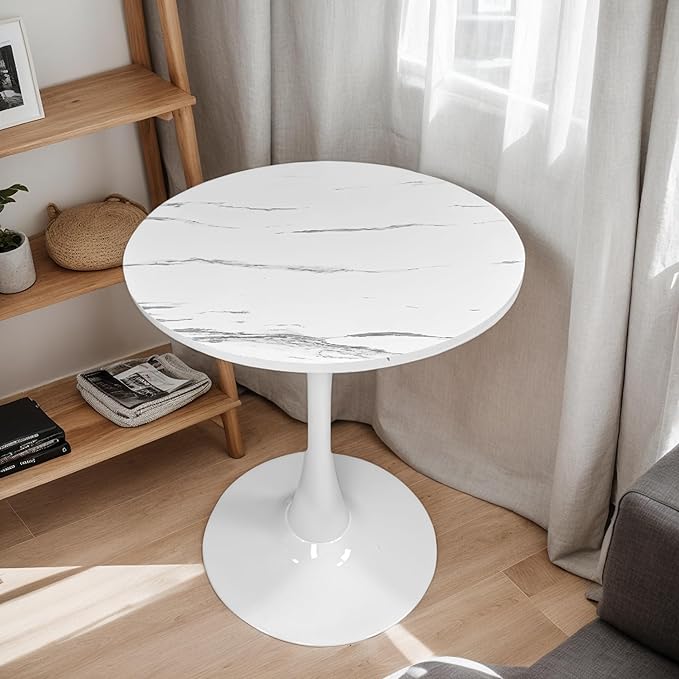 24" Tulip Table for 2-3 Persons Mid-Century Kitchen Table Faux Marble Modern Round Dining Tables Wood MDF Top Steel Base Small for Living Room Balcony Leisure(White, 23.6")