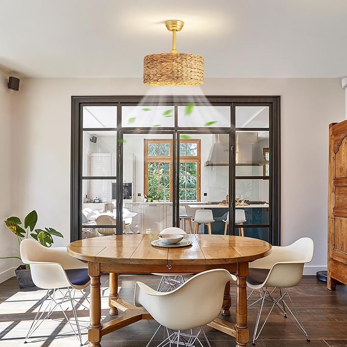 Boho Fandelier Ceiling Fans with Lights, Rattan Chandelier Fan Gold Caged Ceiling Fan with Light Remote, Flush Mount Chandelier Ceiling Fan with 6 Speeds Fandelier for Bedroom, Living Room,Kitchen