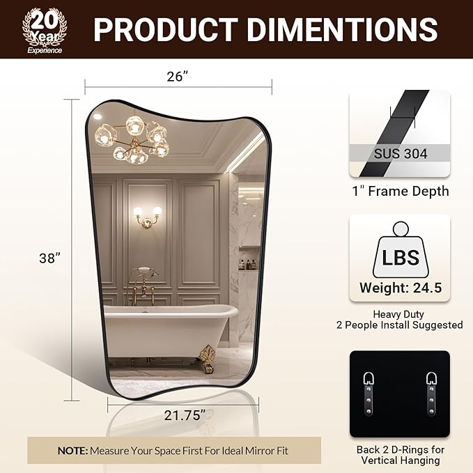 ANDY STAR Bathroom Mirror, 26x38 Inch Matte Black Vanity Mirror, Black Asymmetrical Mirror in Premium Stainless Steel Metal Frame Deep 1’’, Wall Mount Vertically Only