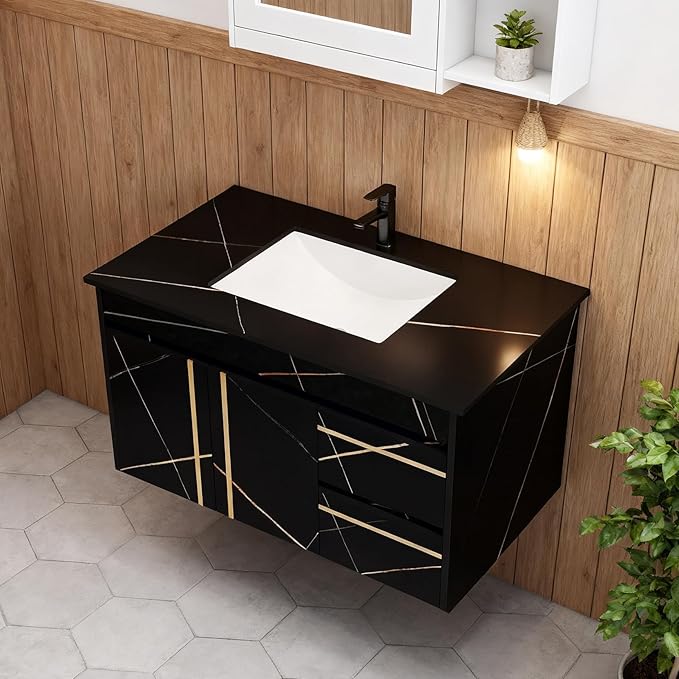 Goujxcy 35.4" Wall Mounted Bathroom Vanity with Sink, Modern Floating Bathroom Cabinet with Ceramic Sink & 2 Drawers, Wood Hanging Bath Room Cabinet with Soft-Close System (Black)