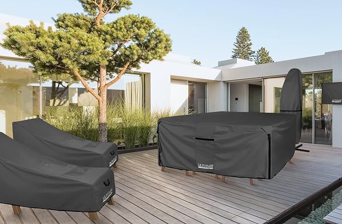 ULTCOVER 600D Tough Canvas Heavy Duty Rectangular Patio Table and Chair Cover - Waterproof Outdoor General Purpose Furniture Covers 136 x 74 inch, Black