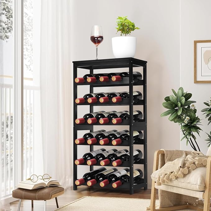 Wine Rack 24-Botttle Freestanding Floor, 6-Tier Wine Rack Shelf with Table Top, Bamboo Display Wine Storage Shelves Kitchen Bar Dining Room Living Room, Black