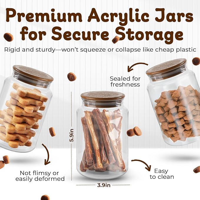 Dog Treat Container - Includes 3 Treat Jar, 1 Treat Bag, Wooden Pet Treat Container, Storage Basket For Pets, Dog Treat Station, with Reusable Sticker & Marker