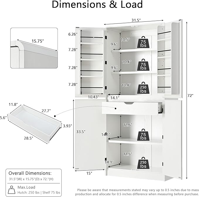 Merax 72" Tall Farmhouse Kitchen Pantry Cabinet with 8 Door Shelves, Curved Design Storage Cabinet with 3 Adjustable Shelves, Hidden Drawer, Versatile Cupboard for Kitchen, Dining & Bathroom, White
