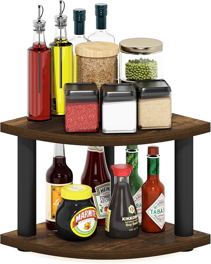 Furinno Turn-N-Tube Kitchen Countertop Organizer, 2-Tier Corner Countertop Organizer Shelf, Corner Shelf, for Kitchen, Pantry, Organizers and Storage, Amber Pine