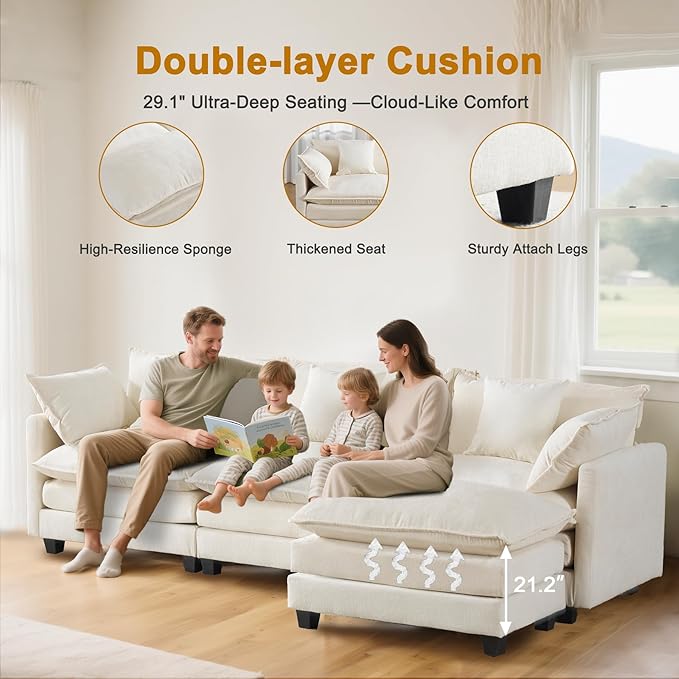 111.4" Cloud L Shaped Sectional Couch with Ottoman｜Modular Chenille Sofa with 29.1" Deep Seat｜FSC Solid Wood Frame｜Easy Assembly & 1YR Guarantee｜for Living Room Bedroom Apartment