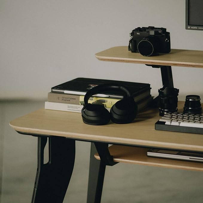 Hoek Folding Desk Bundle, 47.5" x 23", Compact Workstation with Monitor Shelf, Under Shelf, Hook, Quick One-Click Assembly, Portable Home Office Table for Small Spaces and Modern Living (Walnut/Black)