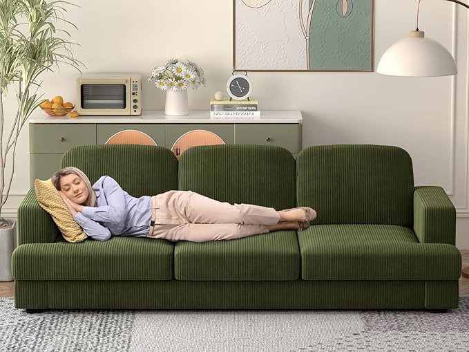 WiberWi 87 inch Couches for Living Room, Comfy 3 Seater Sofa with Deep Seat, Modern Green Corduroy Couch with Wide Armrests, Upholstered Backrests with Removable Cover