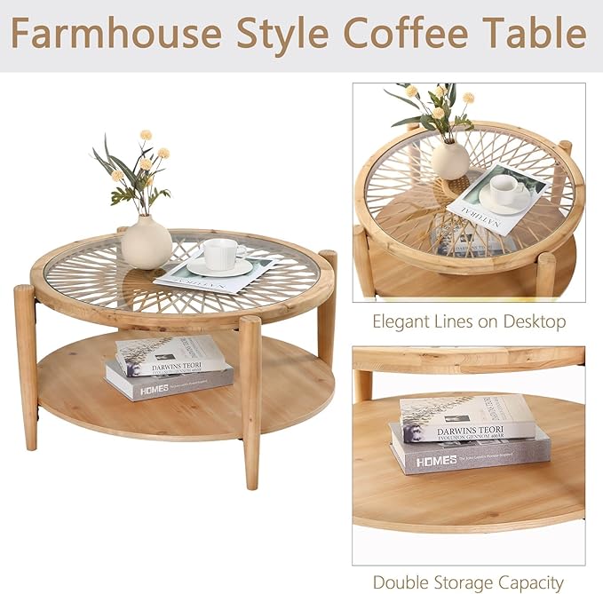 RUSTOWN Rattan Coffee Tables,2-Tier Round Boho Cocktail Tables, Mid Century Modern Coffee Table with Rattan & Tempered Glass Top and Wood Legs, Sofa Table for Living Room(Natural)