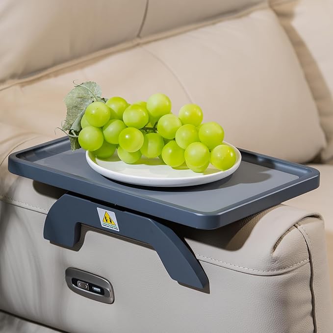 Couch Armrest Table, Foldable Bamboo Sofa Arm Tray for Couch with a Non-Slip Pad, Clip On Couch Arm Table for Remotes/Eatting/Drinks, Fits Sofa Armrest 3.5"-13.5" Gray