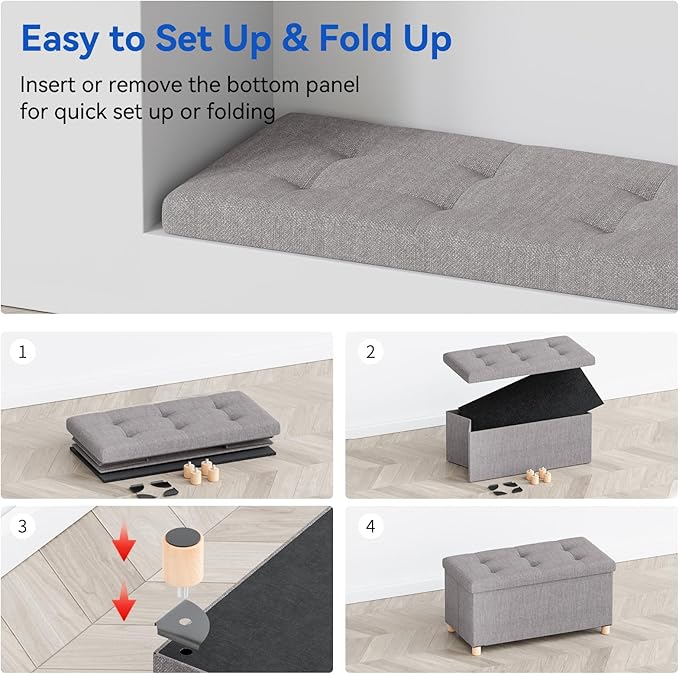BRIAN & DANY 30 Inches Folding Storage Ottoman Bench, Ottoman with Storage Bench for Bedroom, Living Room, Entryway, Foot Rest with Legs, Light Gray