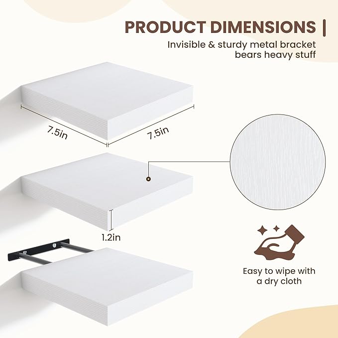 Fun Memories Floating Shelves for Wall - 7.5 Inch Square Shelves with Invisible Brackets, Small Wall Shelf for Living Room, Bathroom, Bedroom, and Kitchen Decor，White Set of 3