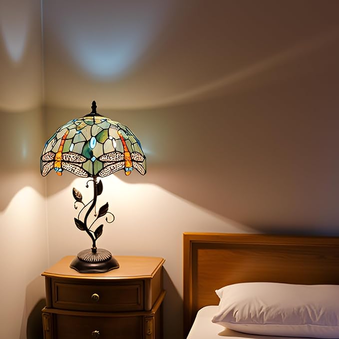 Tiffany Table Lamp, Stained Glass Style Desk Lamp, 12X12X19 Inch,Bedside Reading Light, Metal Leaf Base (Brown Dragonfly Style)