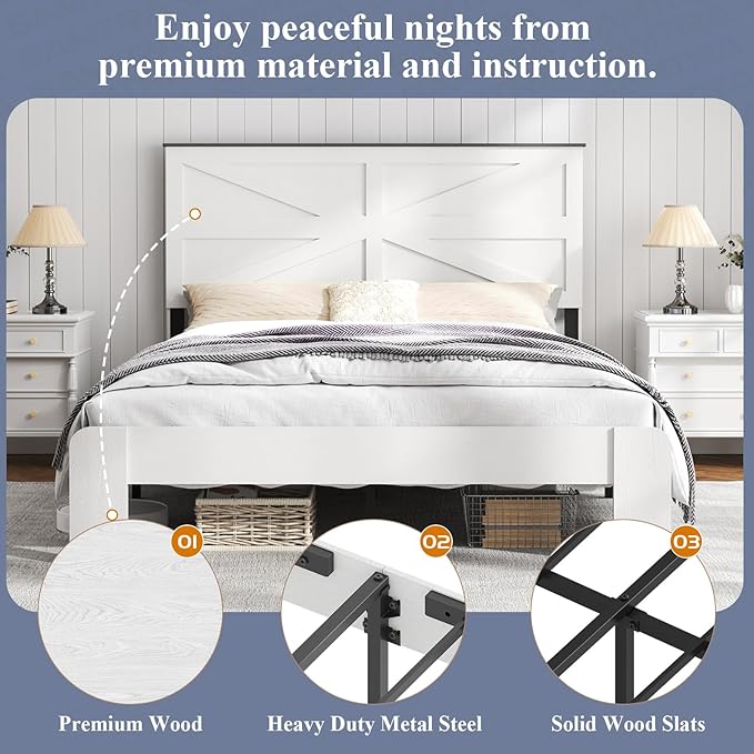 Wooden Bed Frame Queen Size with Headboard, Farmhouse Platform Bedframe with Wood Slat Support, Sturdy Framework Bed Frame, Easy Assembly (Rustic White)