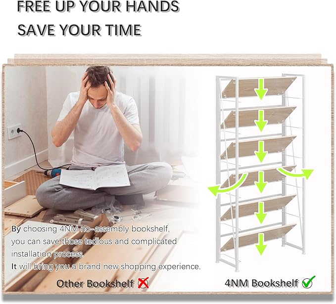 4NM No Assembly Folding Bookshelf, 6-Shelf 74" H Collapsible Foldable Bookcase Storage for Small Spaces, Natural White
