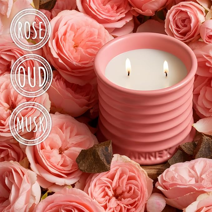 Scented Luxury Candles in Handmade Ceramic Jars, Soy Wax | Canal Rose – Rose Bud & Oud Scented, Large Candle | Non Toxic, 2 Wicks, Reusable Big Pink Jar | Natural Spring Aromatherapy for Women & Men