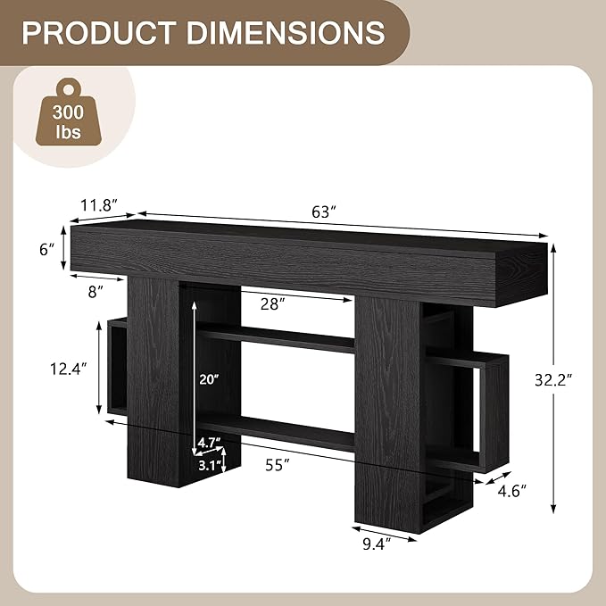 63 Inch Long Console Table for Entryway, Modern Wooden Sofa Table Behind Couch with 3-Tier Storage Shelf, Narrow Entry Accent Table for Living Room, Hallway, Foyer, Black