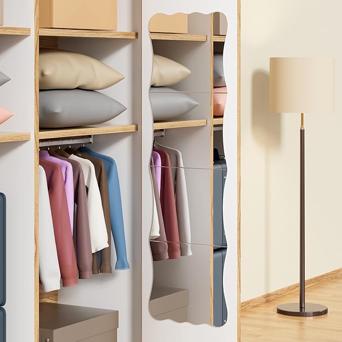 Wavy Full Length Mirror Shatterproof Acrylic Wall Mirror Tiles 47" x 14"(4 Pcs 12"x14"), Non-Glass Safety Body Mirrors for Baby Kids Playroom, Frameless Dorm Door Gym