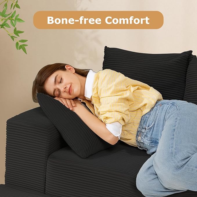 Convertible Futon Sofa Bed with Ottoman, 5 in 1 Folding Couch Bed Loveseat Sleeper, Corduroy Boneless Couch with Deep Seat for Living Room Chaise Lounge Chair Indoor, No Assembly Required, Black