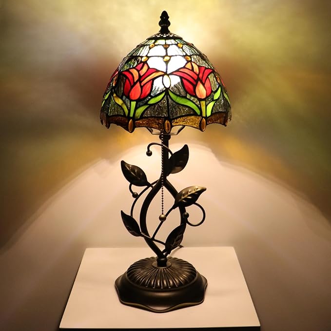 Small Tiffany Lamp Red Tulip Style Stained Glass Table Lamps Desk Bedside Reading Light 8X8X18 Inches with Bronze Metal Leaf Resin Base