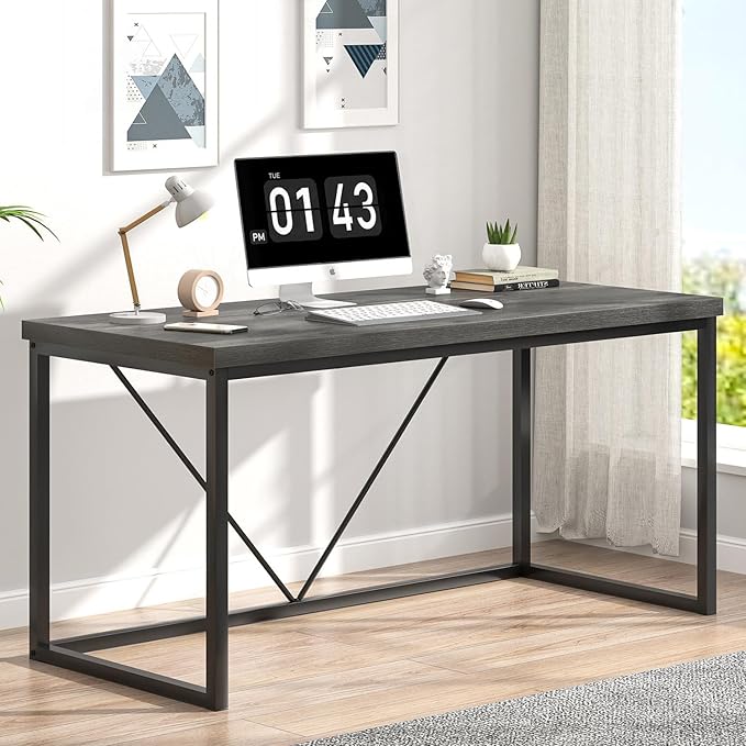 EXCEFUR Modern Home Office Desk, Wood and Metal Computer Desk, Industrial Writing Study Gaming Table for Living Room Bedroom, Rustic Grey, 53 inch