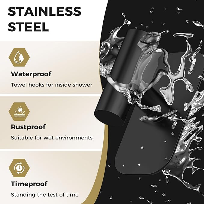 Adhesive Towel Hooks for Shower,Waterproof Heavy Duty Bathroom Hooks,Wall Mounted Sticky Hangers for Coats/Aprons/Robes,No Drilling(Black,4 Pack)