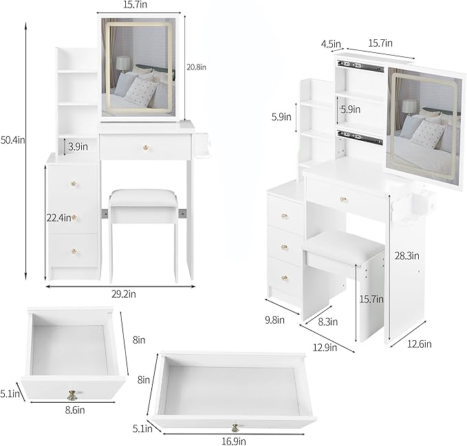 Makeup Vanity Desk Set with LED Lights, 3-Mode Adjustable Lights, Small Vanity with Chair，Compact Space Storage Shelves, Hair Dryer Holder Compact Vanities Table for Bedroom, White