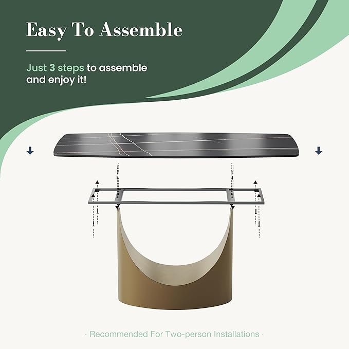 POVISON 63" Hobart Modern Dining Table for 4, Matte Black Heavy-Duty Rectangle Dining Table, Sintered Stone Dining Tabletop with Bronze Carbon Steel Pedestal (Table Only)