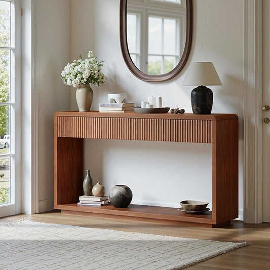 Evermagin 59'' Walnut Entryway Table with Drawers, Fluted Console Table, Mid Century Modern Sofa Table with Storage for Living Room, Entrance, Hallway