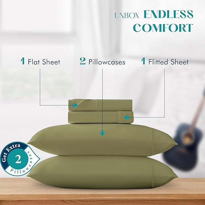 XOOX Linen 100% Egyptian Cotton Queen Sheet Set - Luxury 1200 High Thread Count Egyptian Cotton Sheets Queen Size (4 PC, Sage Green), Silky Soft, Cooling, 17" Deep Pocket Sateen Weave Hotel Bedding