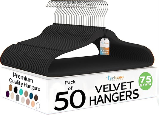 50 Pack New Premium Quality Velvet Hangers Ultra Thin Non Slip Adult Felt Space Saving Hangers for Closet Heavy Duty Coat Pants Jackets Dress Hangers 360° Swivel Hook Hold Upto 10 lbs Black