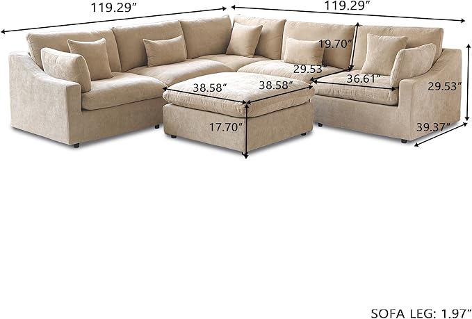 Could Couch Modular Sectional Sofa with Ottoman,Down Filled 120inch V Shaped Couch,Convertible Sofa Bed Living Room Set,6 Seat Sleeper Couched Bed, Cover Washable and Replaceable