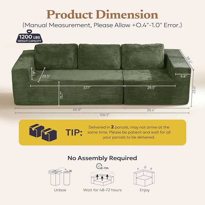 106" 3-Seater Sofa, Cloud Modular Sofa with Certified Foam, Upholstered Floor Sofa with Deep Seat, Sofa for Bedroom Living Room, No Assembly Required (Green, Plush Corduroy Fabric)