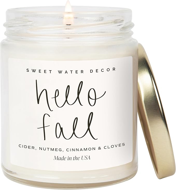 Sweet Water Decor Hello Fall Candle - Cinnamon Apples & Clove Autumn Fall Scented Candle for Home Decor - 100% Cotton Wick Soy Wax Candles with 40 Hour Burn Time - Made in The USA - 9oz Clear Jar