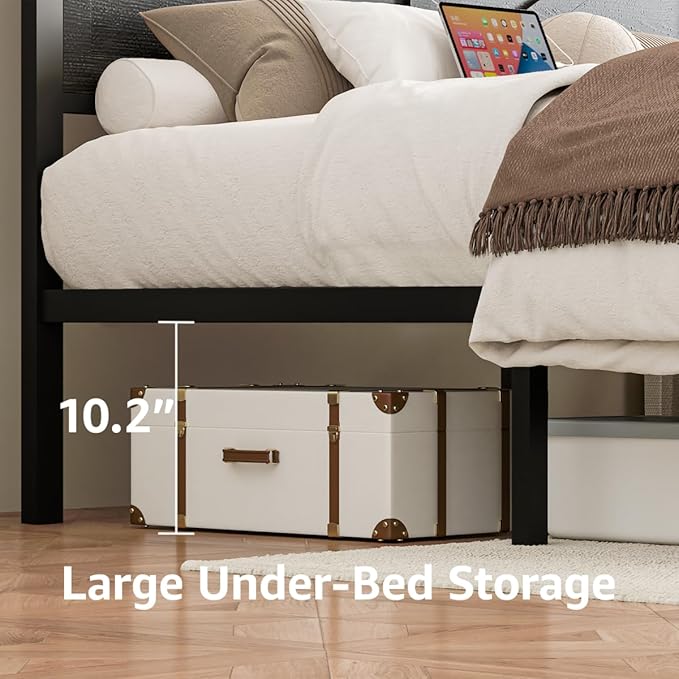 Rustic Full Size Bed Frame with Storage Drawers and Barn Door Headboard, Farmhouse LED Bed Frame Full with Charging Station, Metal Industrial Platform Bed Frames, No Box Spring Needed, Black