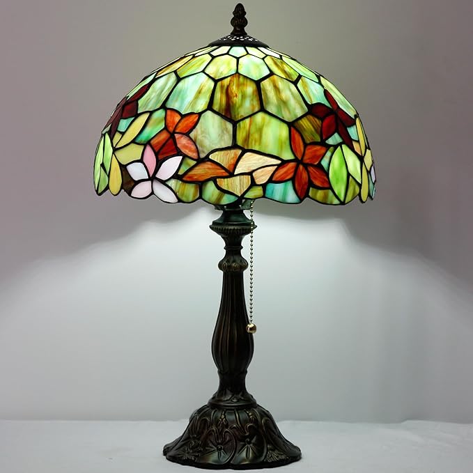 Tiffany Table Lamp Stained Glass Lamp 12X12X19 Inch Antique Reading Light (Red Green Flowers)