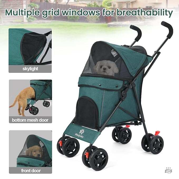 Pet Stroller for Small Dogs Medium Dogs 33lbs, Dog Pram Ultra Light - only 3.5 kg, Dog Stroller Pet Pram with 4 Wheel Foldable/Storage Basket/Cup Holder-P07 (Dark Green)