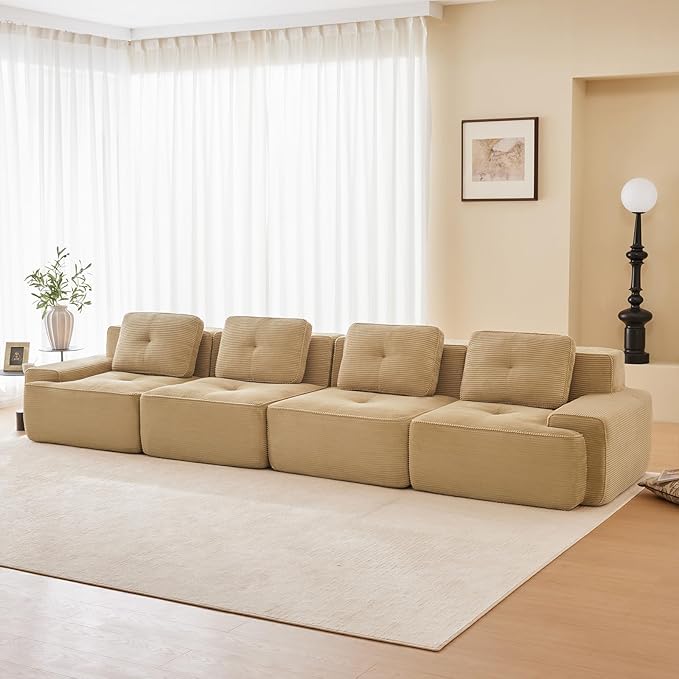 150" Modern Compressed Boneless Couch, 4 Seater Sectional Couches for Living Room, Camel Corduroy Cloud Modular Sectional Sofa, Comfy Memory Foam, Extra Deep, Sofas para Sala, No Assembly