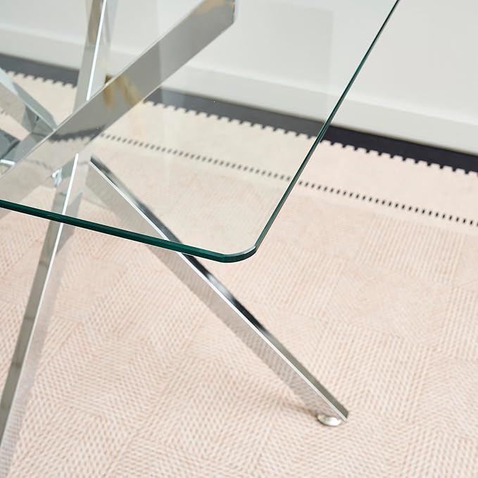 36" Square Glass Dining Room Table for 4 with Tempered Glass Top and Silver Chrome Metal Legs, Modern Clear Kitchen and Dinner Table for Home Office Dining Room