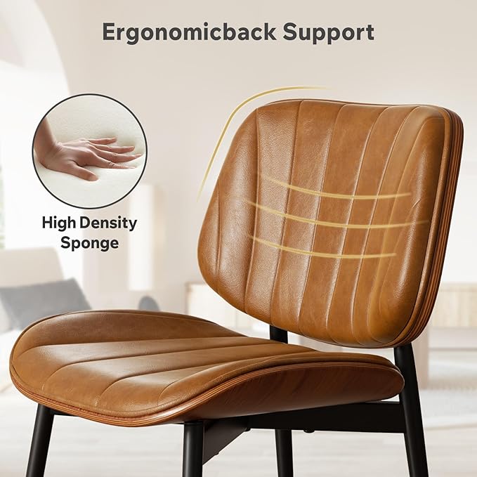 Dining Chairs Set of 4, Mid Century Modern Dining Room Chairs, Upholstered Faux Leather Kitchen Chairs with Walnut Bentwood Back and Metal Legs, Brown