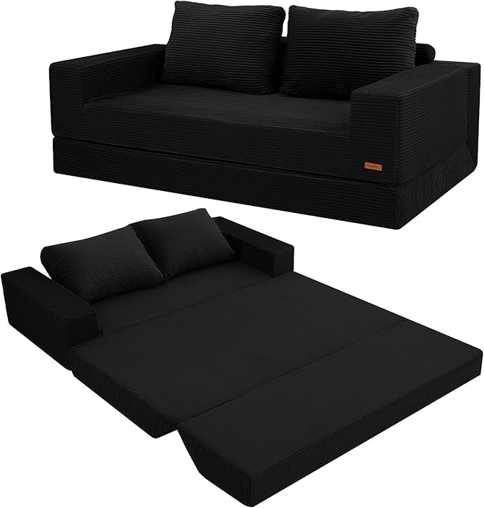 COMAX Convertible Sofa Bed Queen, Corduroy Folding Floor Couch Pull Out Couch Bed Futon Sleeper with Pillows, Fold Out Boneless Sofa Comfy Lounge Mattress Loveseat for Living Room Bedroom, Black
