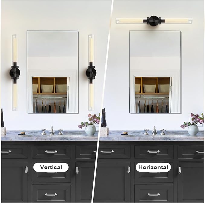 Brass Wall Sconces, 30in Black 2-Light Double Glass Sconces Wall Lighting, Bathroom Knurled Vanity Light Sconces, Wall Lights for Living Room Bedroom（Including Bulb）