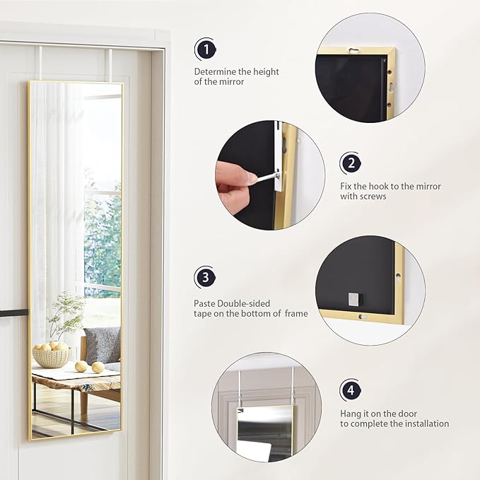 BEAUTYPEAK 16" x 50" Adjustable Height Over The Door Mirror, Full Length Hanging Door Mirror with Shatterproof Tempered Glass Aluminum Alloy Frame for Bedroom, Living Room, Bathroom, Dorm, Gold